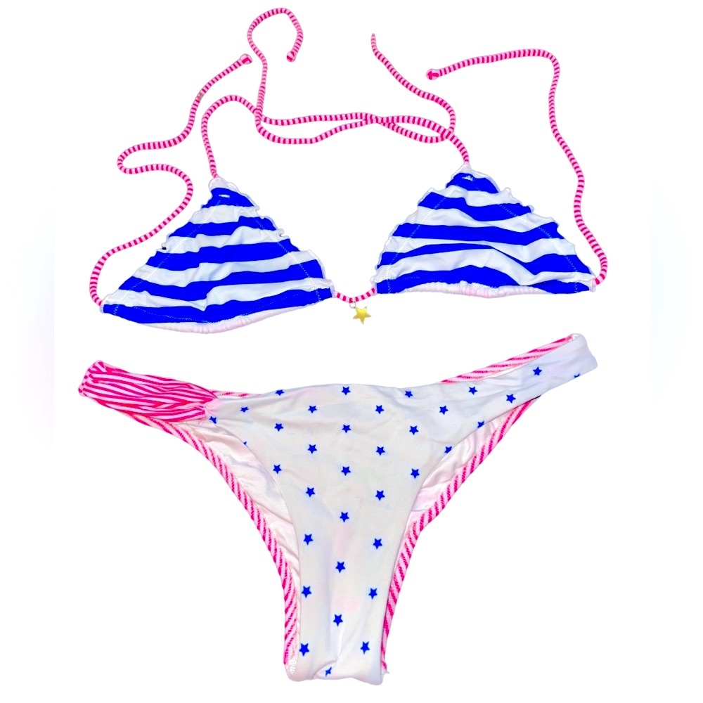 Vintage Victoria Secret USA flag stripes stars red white blue string bikini M/S